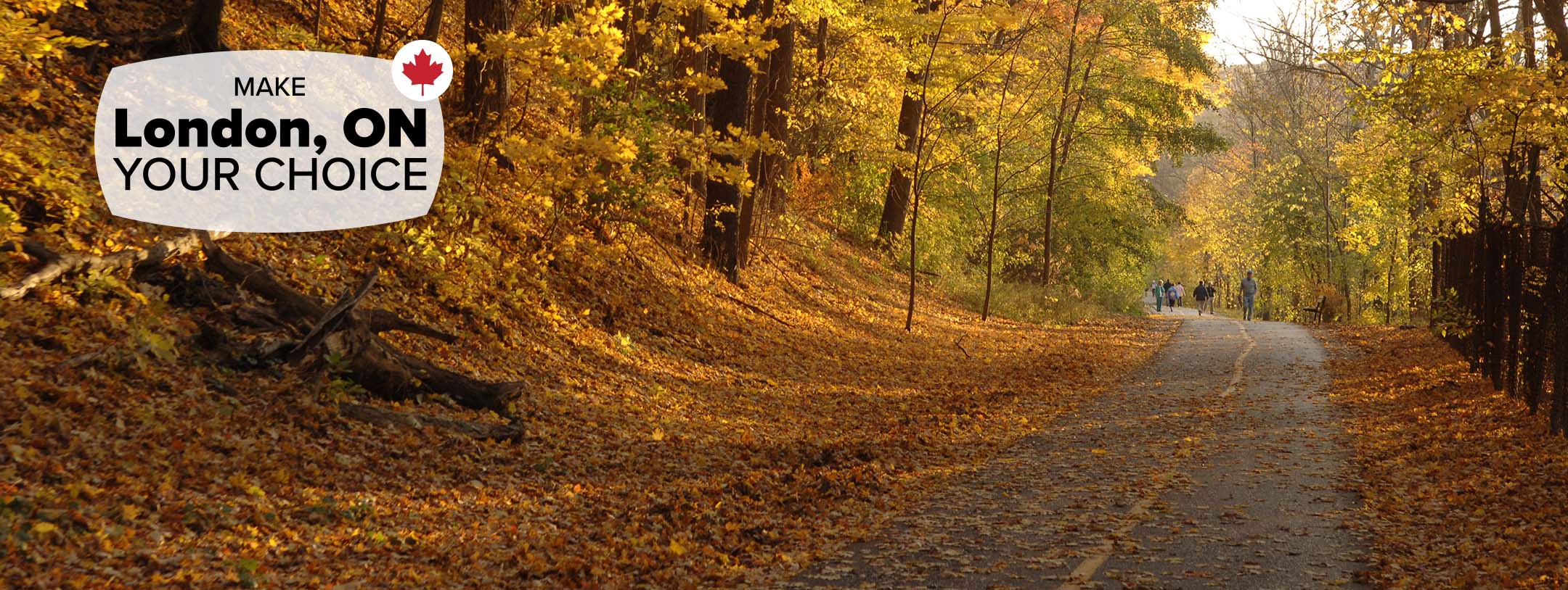 A beautiful golden autumn scene surrounding the Thames Valley Trail in London, ON. A family can be seen in the distance.