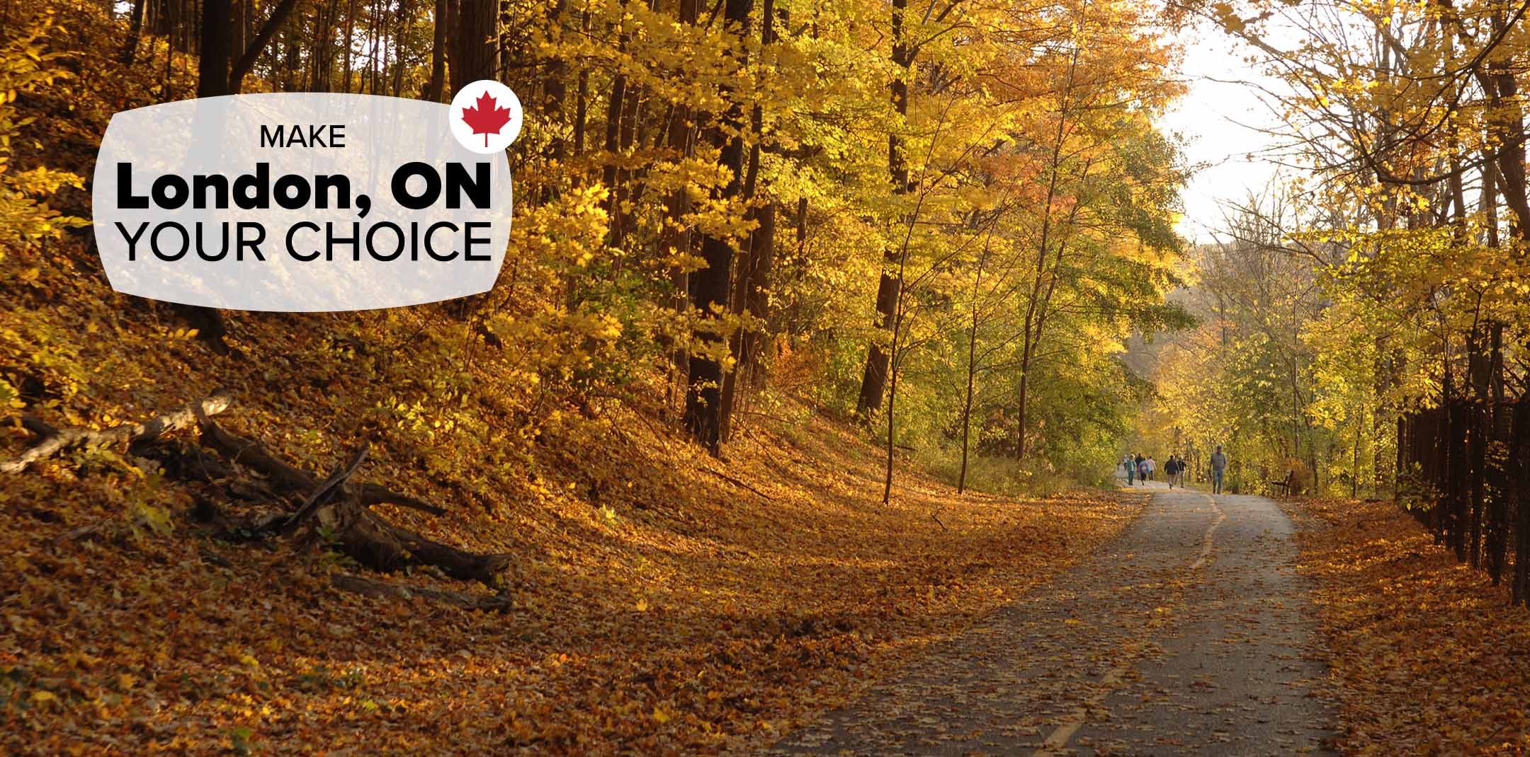 A beautiful golden autumn scene surrounding the Thames Valley Trail in London, ON. A family can be seen in the distance.